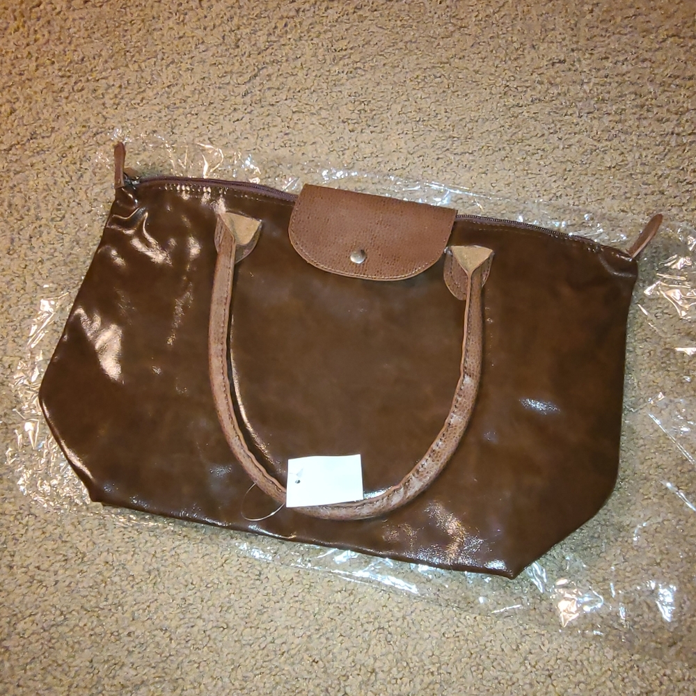 J. Francis Classic Brown Faux Leather Tote with Glossy Finish